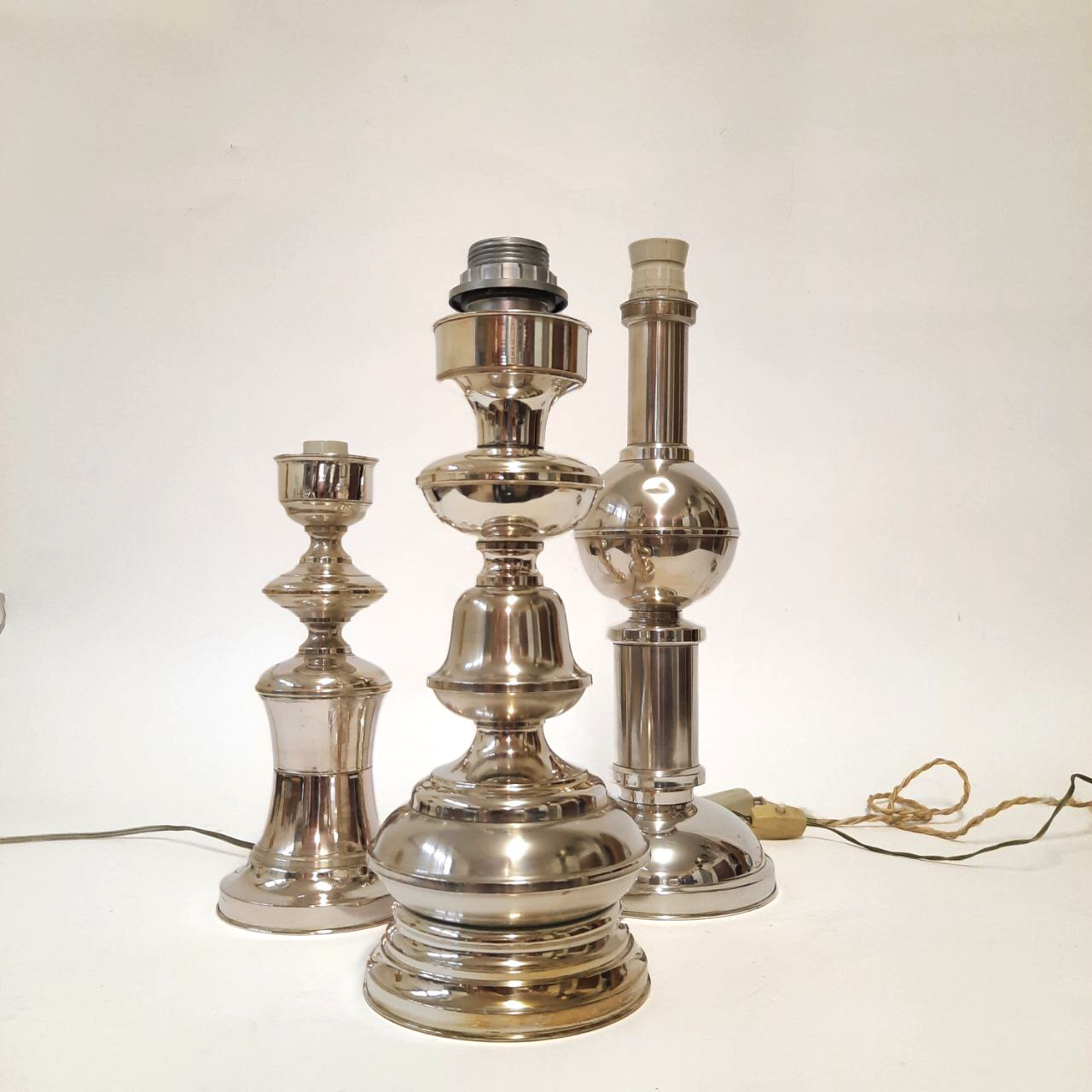 Three vintage bedside lamps in silver