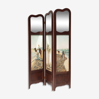 Art Deco screen, 3-panel screen with mirror and orientalist painting, 30's