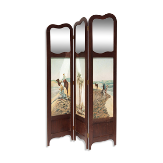 Art Deco screen, 3-panel screen with mirror and orientalist painting, 30's