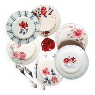 Old mismatched earthenware dinner plates