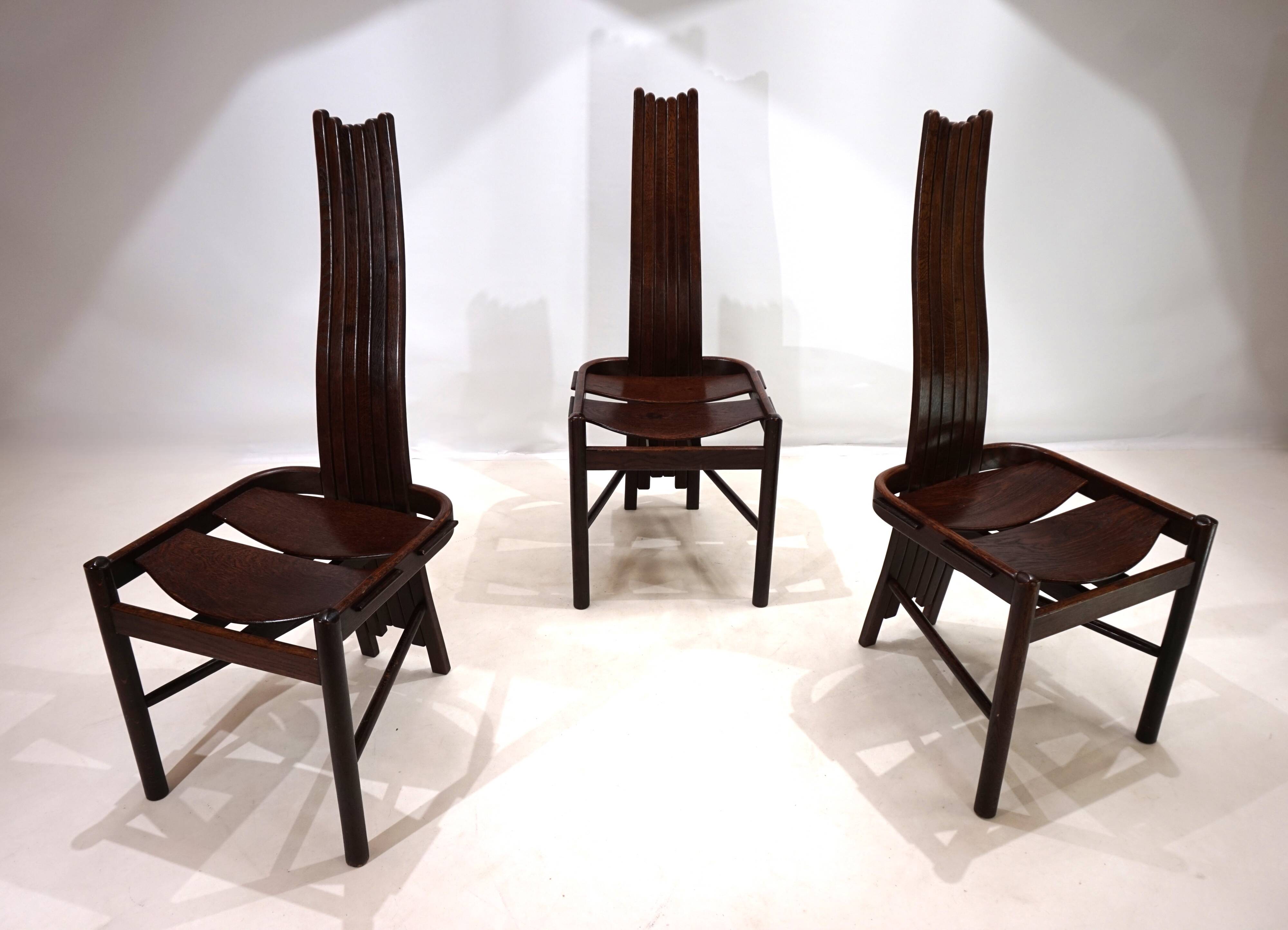 Set of 3 Allmilmö brutalist dining chairs oak, 1980