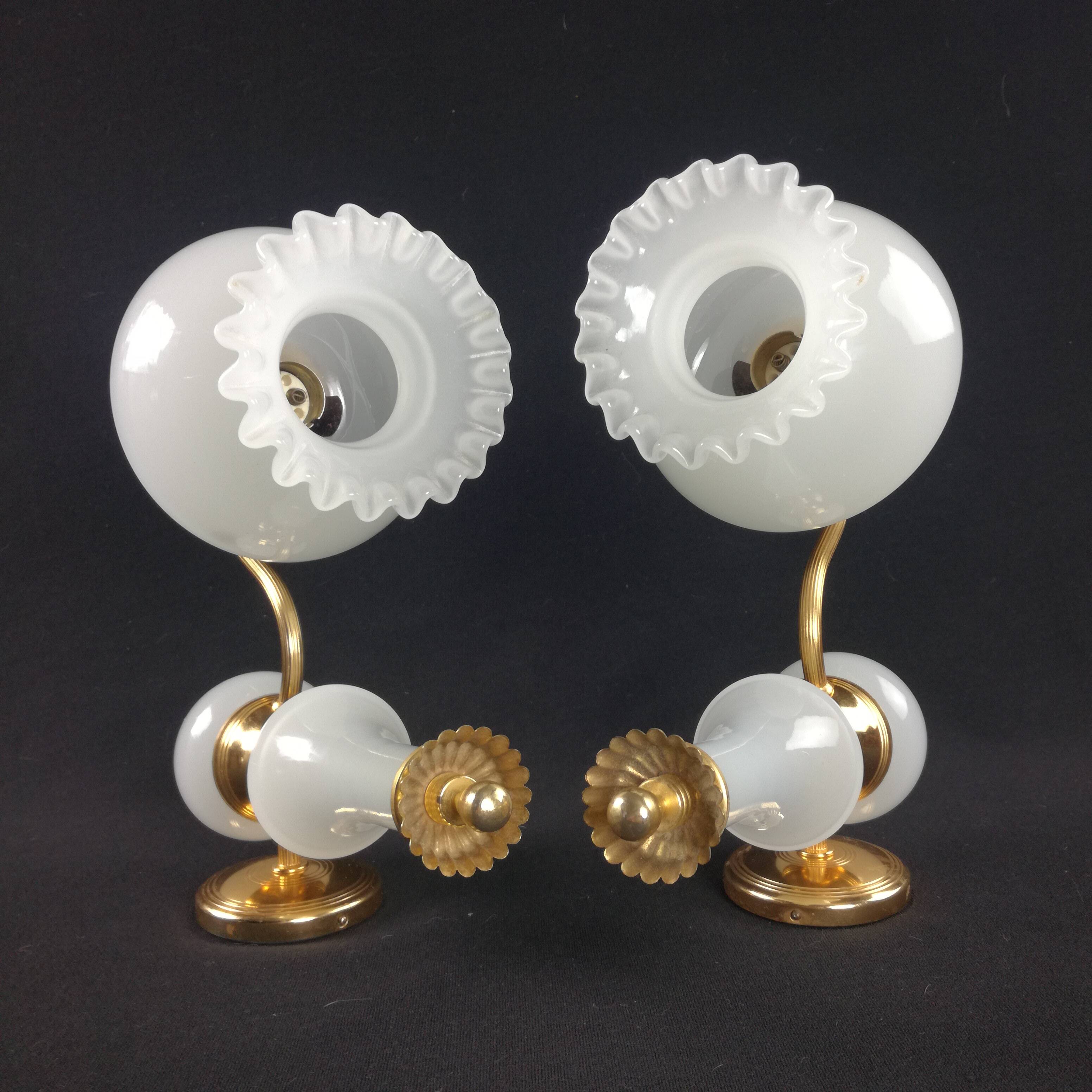 2 wall lights in gold metal and milky glass, swan neck
