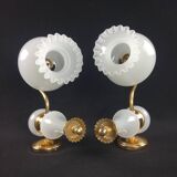 2 wall lights in gold metal and milky glass, swan neck