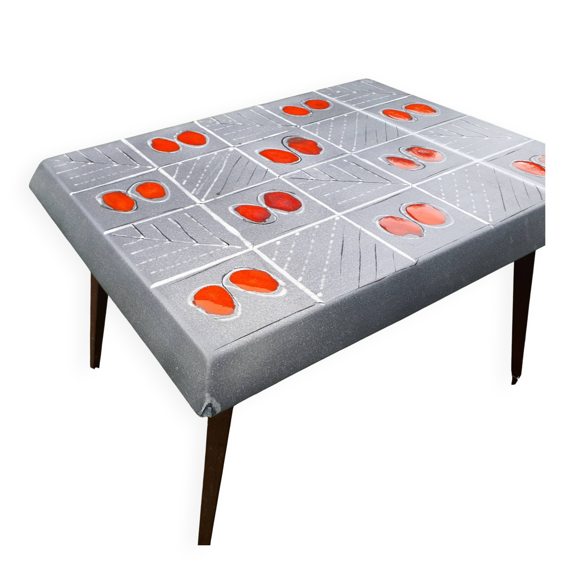Small 1960s enamelled table, spindle legs, signed jd.
