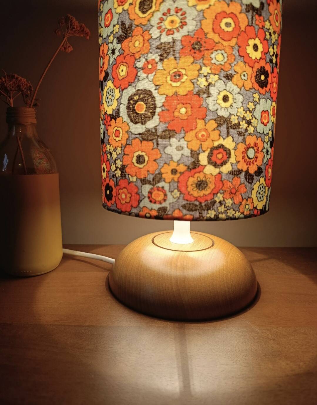 vintage light wood lamp, flower power lampshade