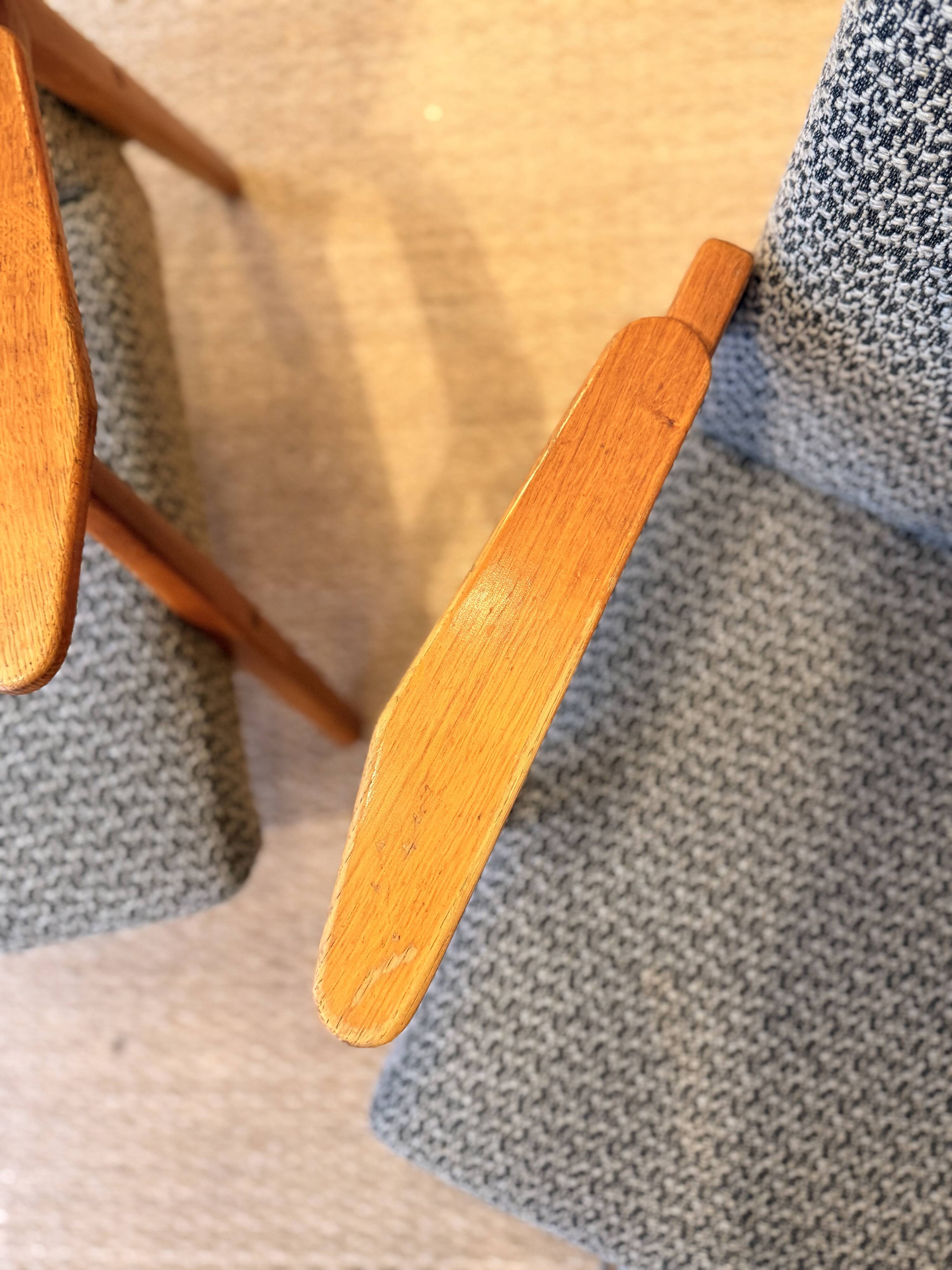 Pair of vintage oak armchairs, original fabric and seat.