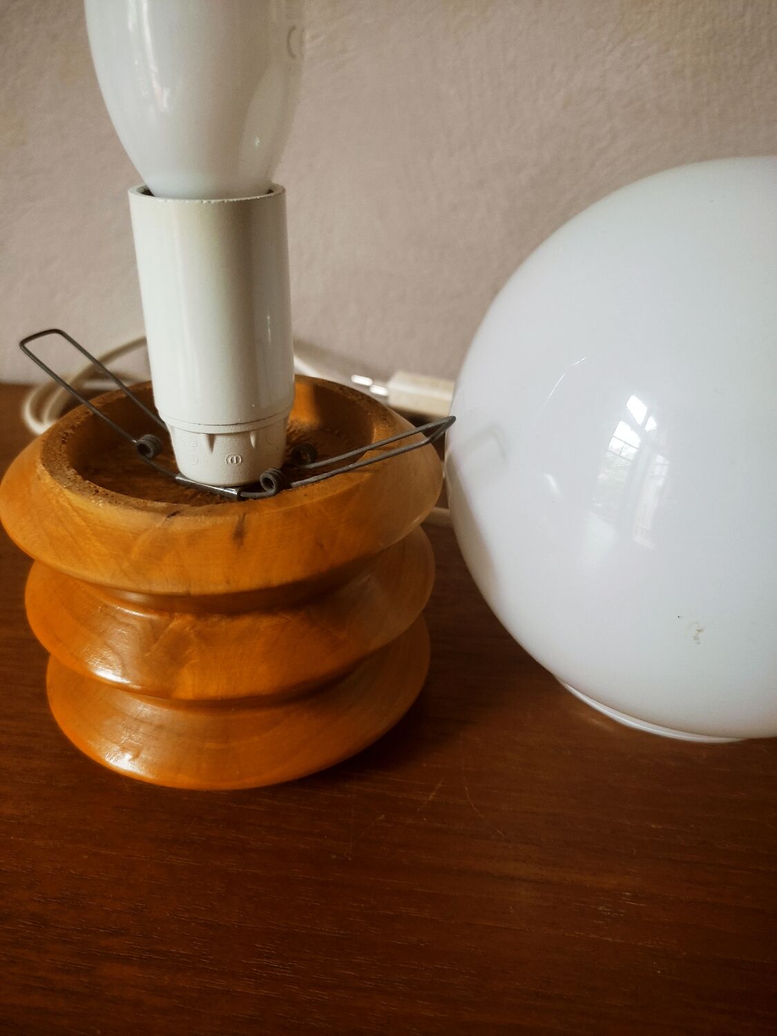Wooden bedside lamp and opaline sphere