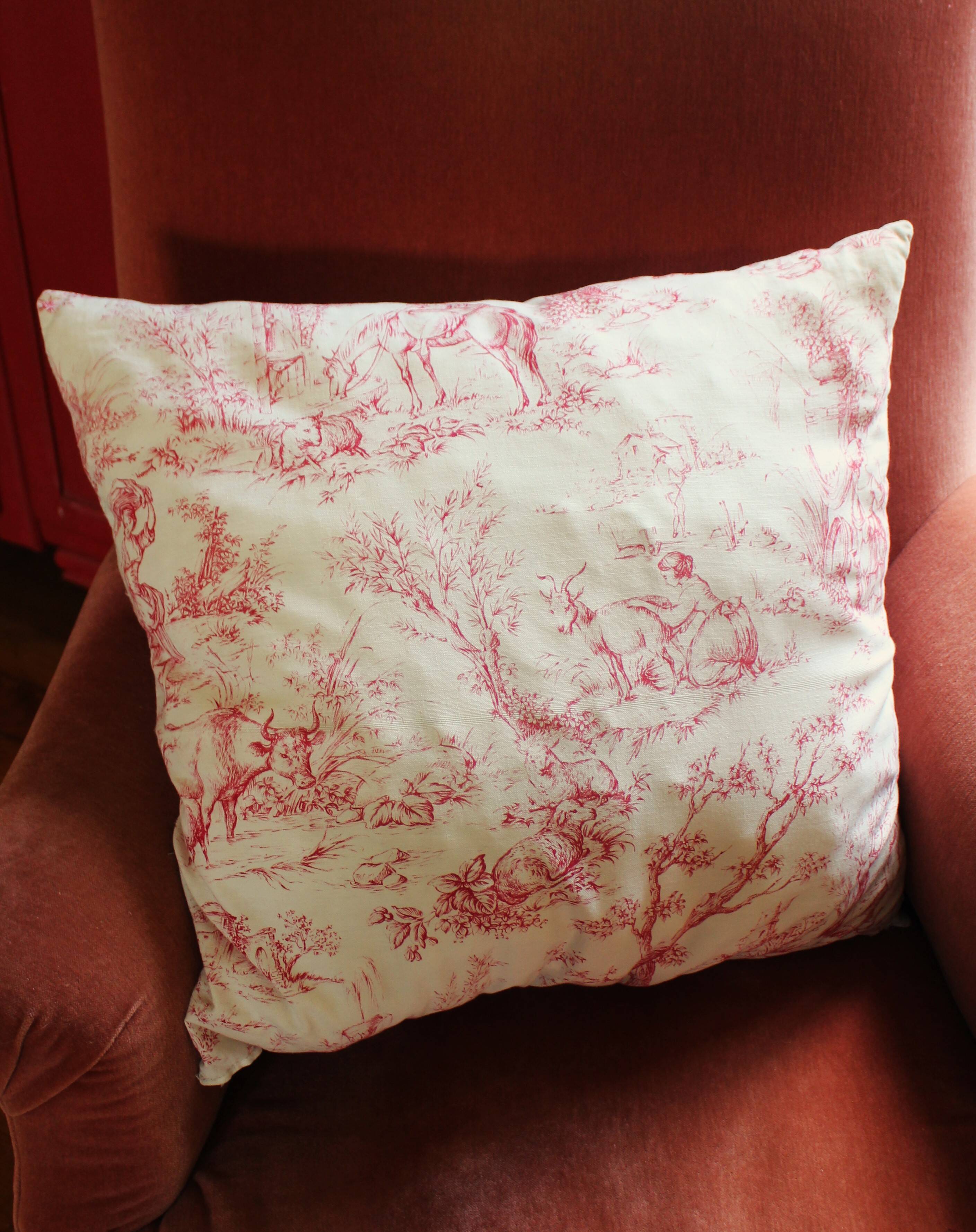 Paire Coussins Toile de Jouy rose ancienne