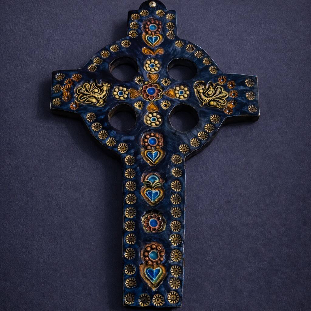 Glazed ceramic devotion cross – floral patterns