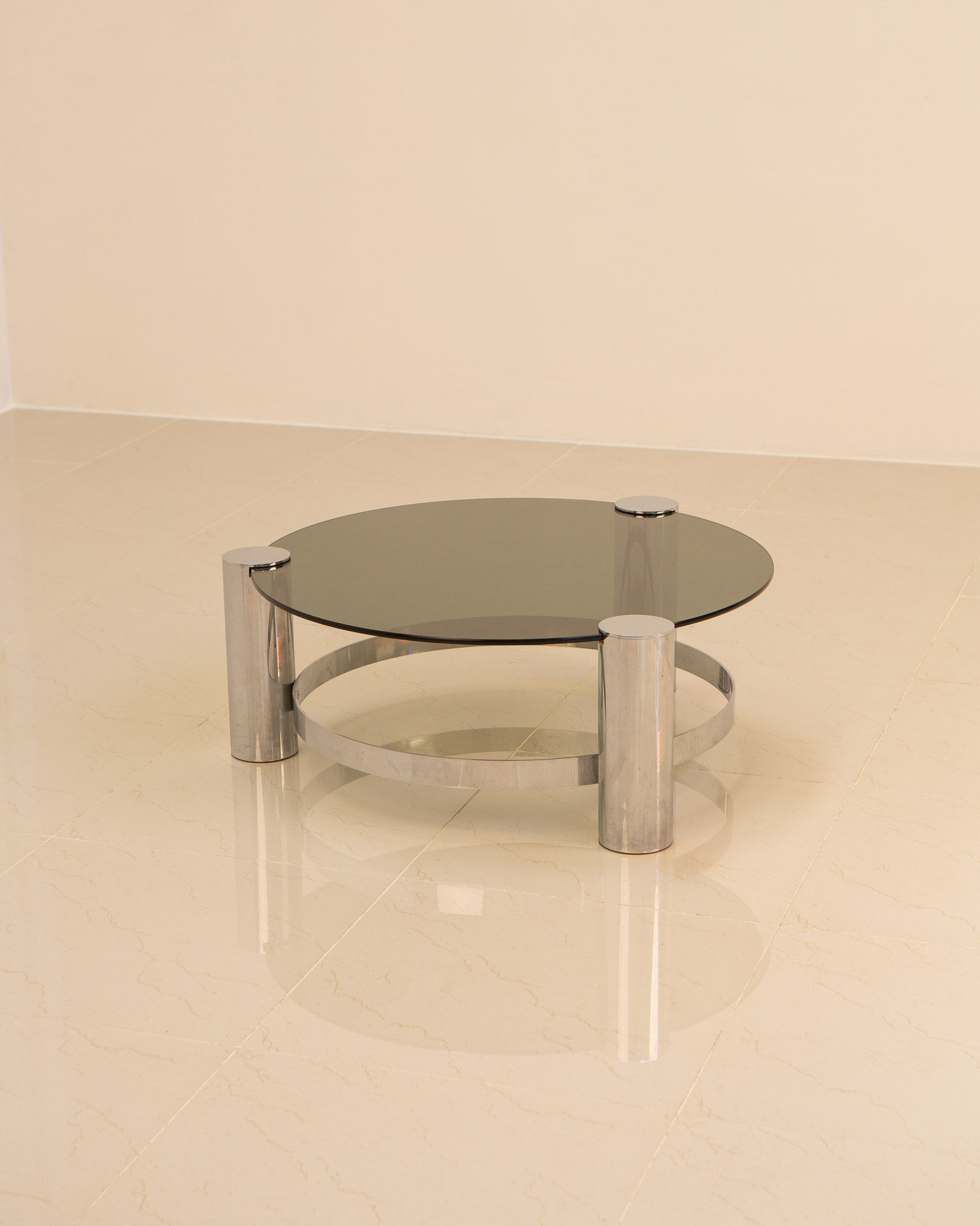 Circular coffee table & smoked glass 70's
