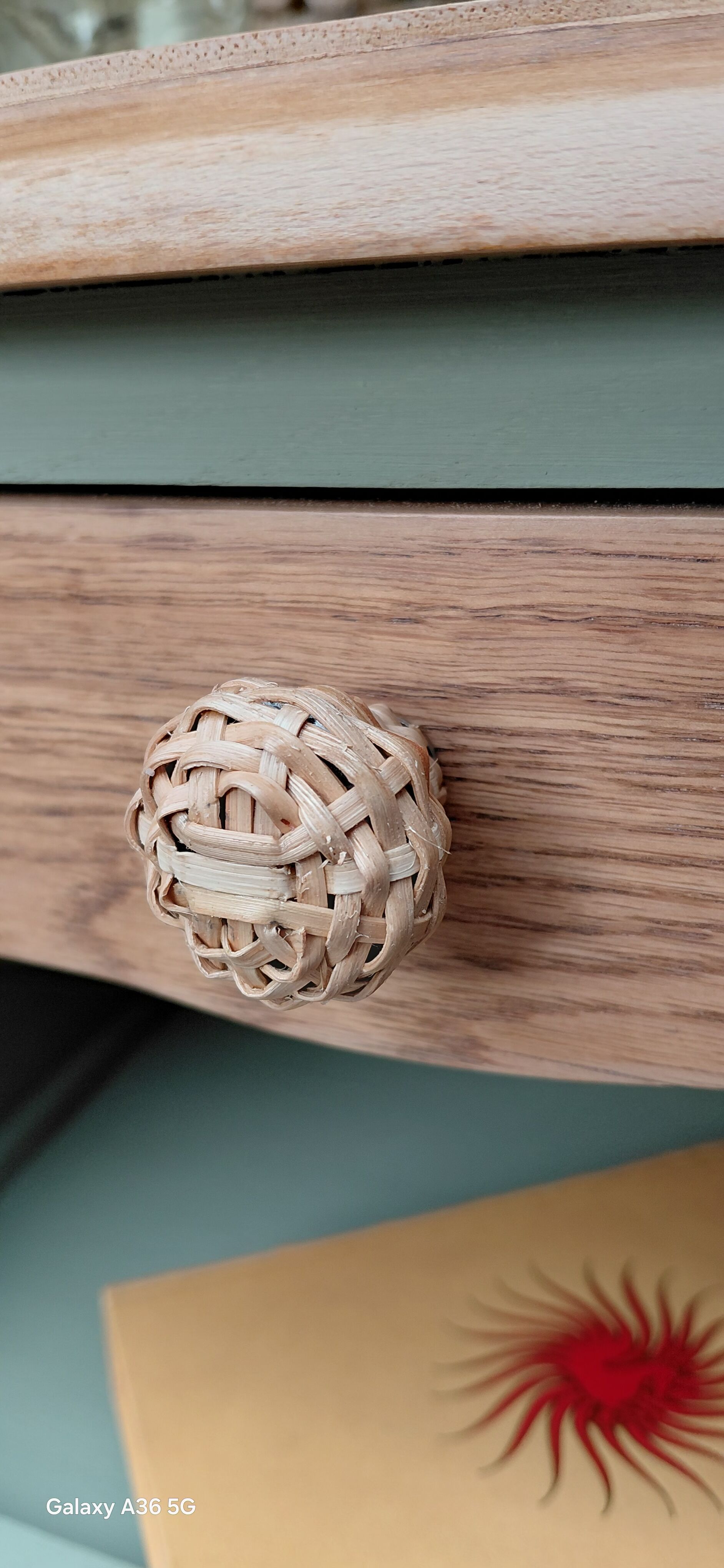 Upcycled Louis XV bedside tables – Sage green, wood and wicker