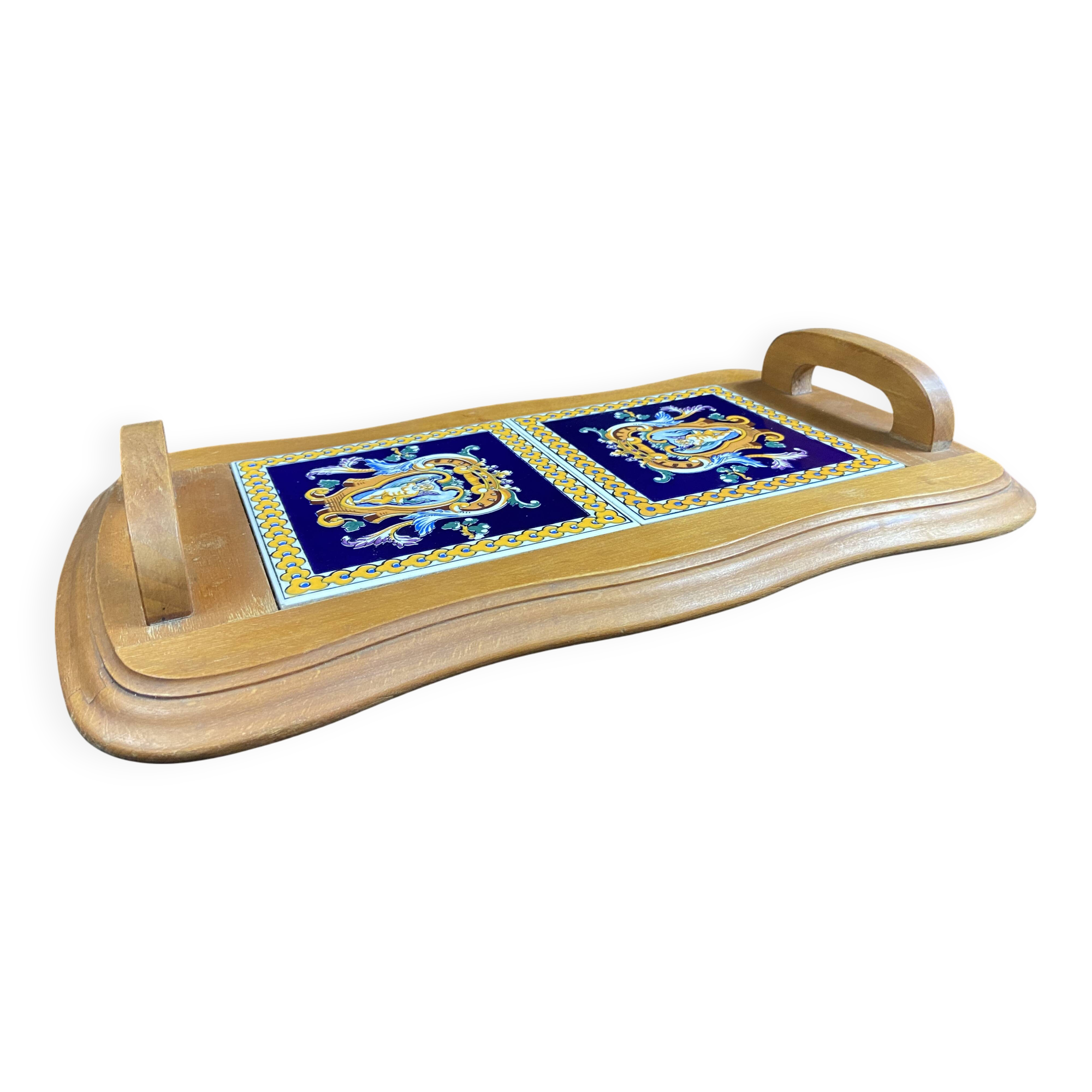 Plateau de service en hêtre et carreaux faïence de Gien décor Renaissance