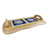 Plateau de service en hêtre et carreaux faïence de Gien décor Renaissance