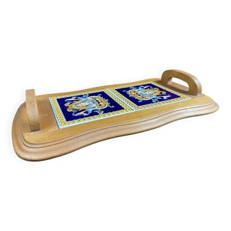 Plateau de service en hêtre et carreaux faïence de Gien décor Renaissance