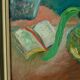 Original mid-century oil on panel – "Still Life with Flowers, Book and Object"