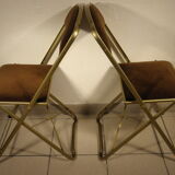 Pair of folding chairs in velvet and gilded metal