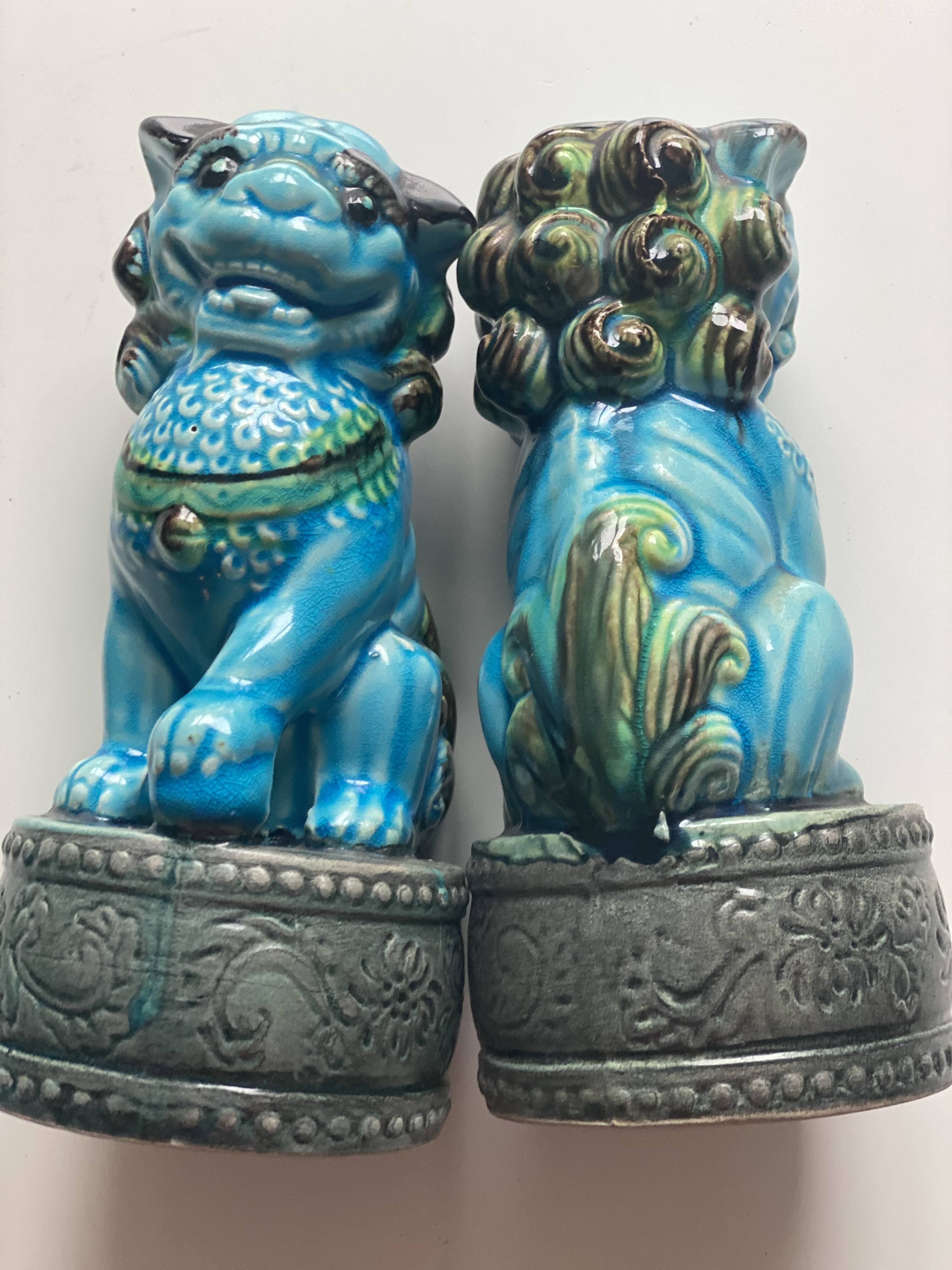 Pair of Chinese Blue Ceramic Foo Dogs