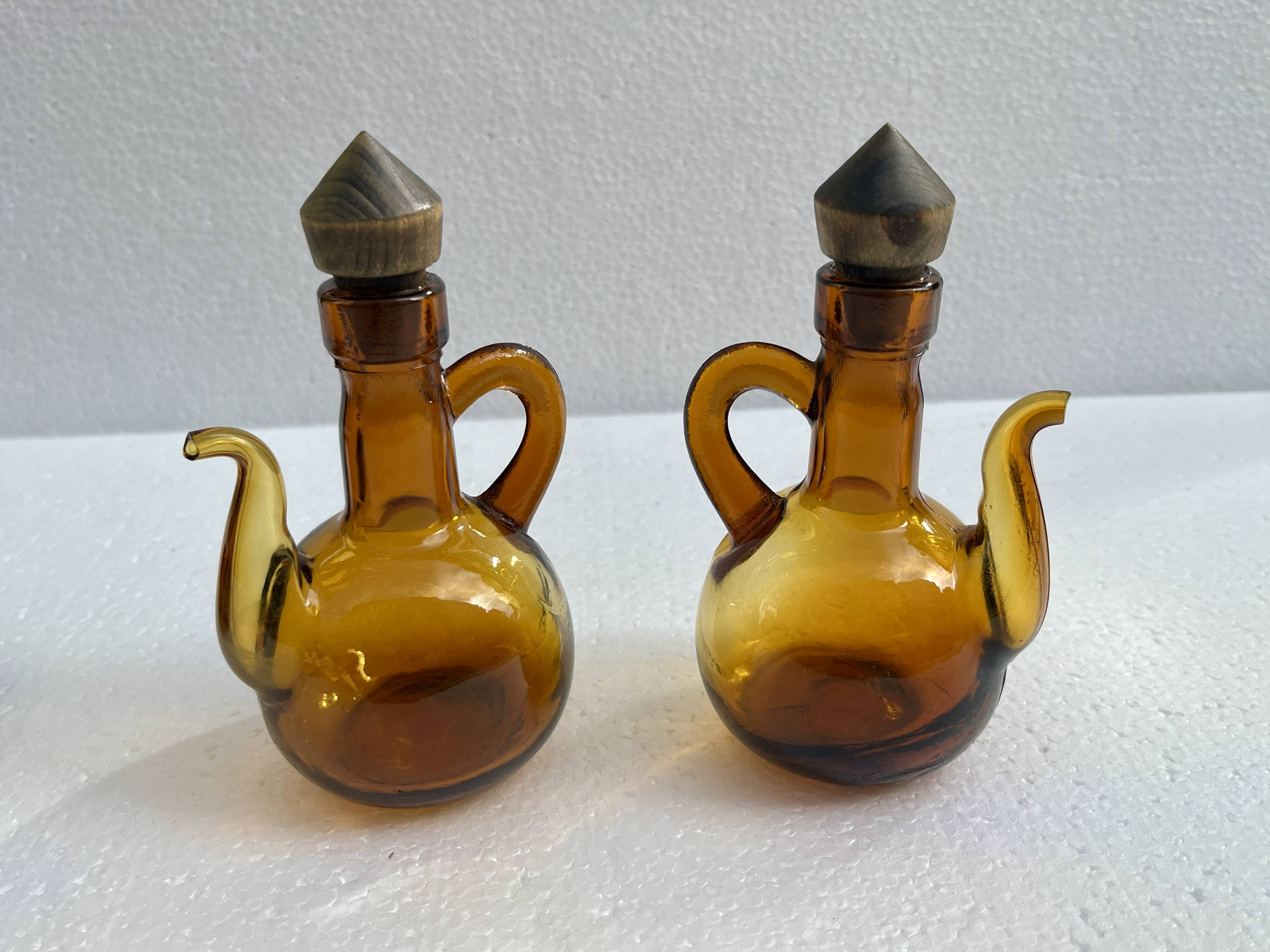 Oil and vinegar server amber glass and olive wood