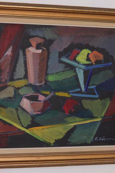 Original mid-century Swedish oil on canvas – “Kubisk Still Life” by Bror Göransson – vintage & framed – 75 × 64 cm (29.5" × 25.2")