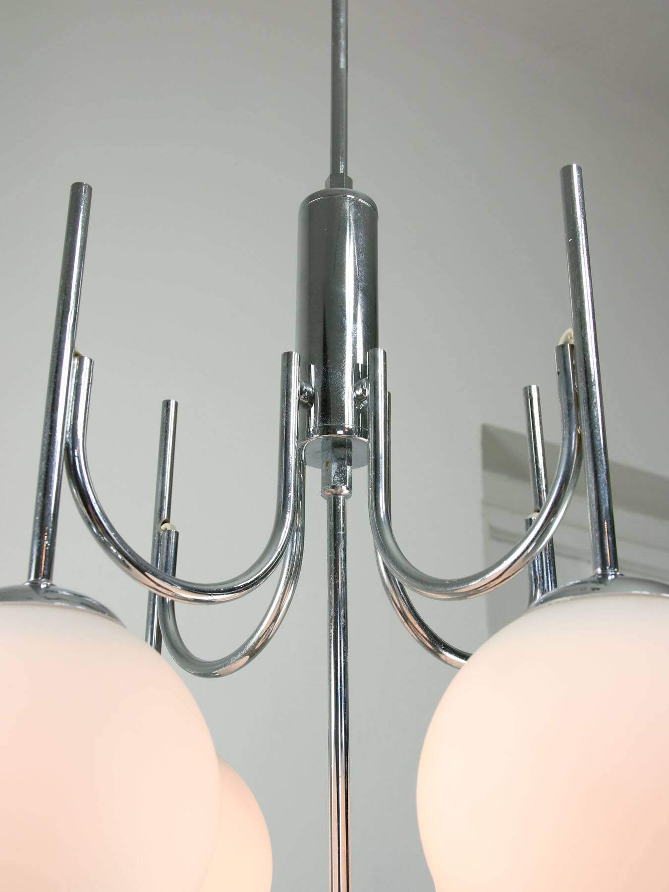 Vintage Italian Chrome and Opaline Chandelier, 1970s