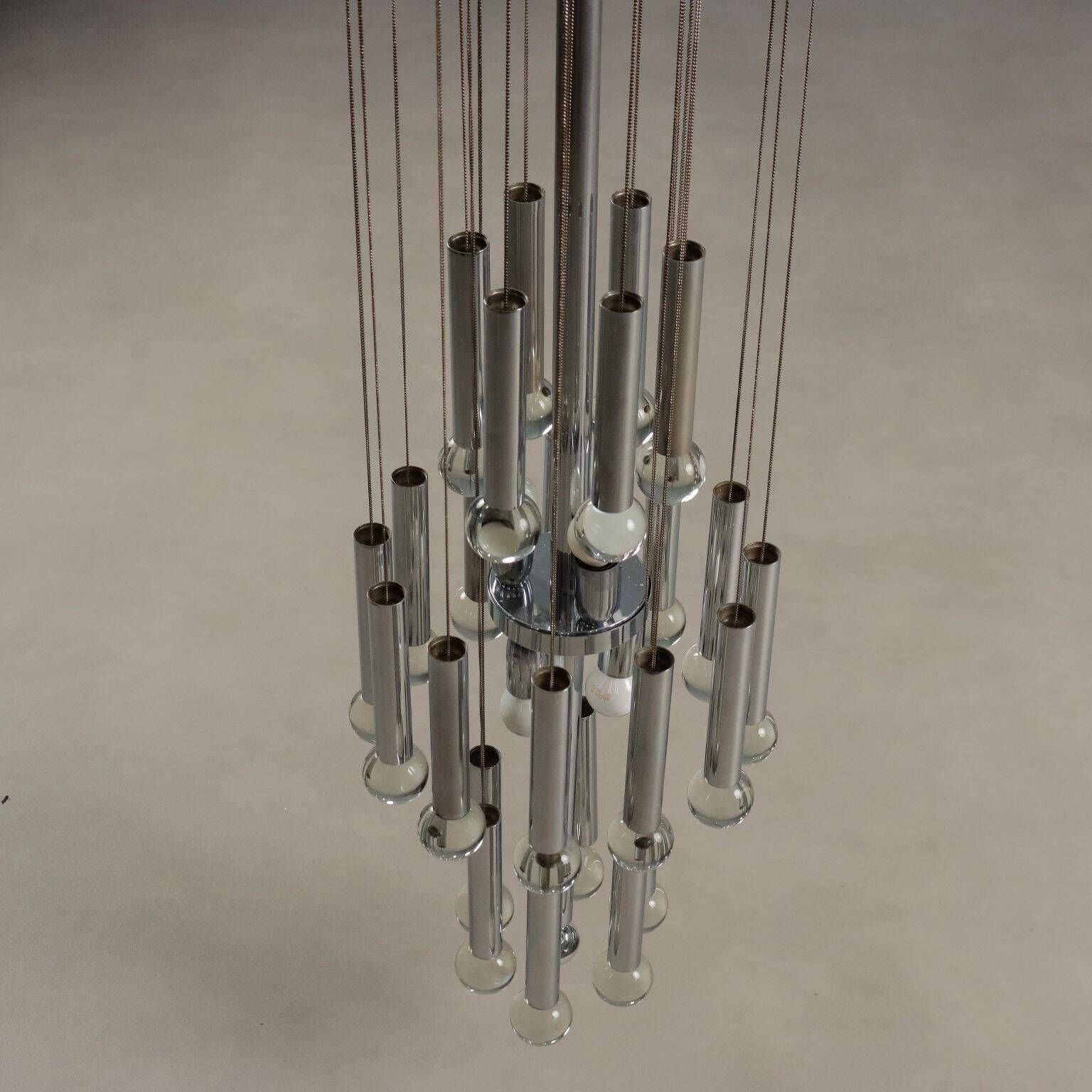 Vintage Italian chandelier, chrome-plated metal and glass design, original