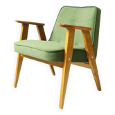 Fauteuil moderne chêne clair vert forêt velours 1962 design Chierovski milieu de siècle