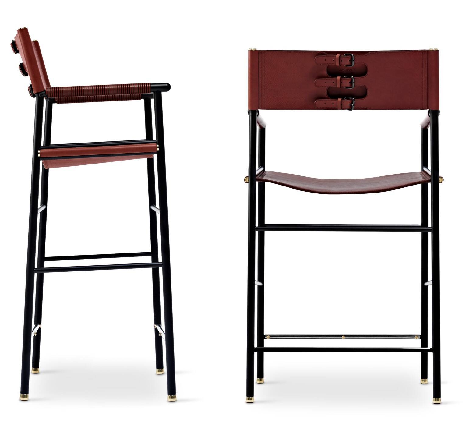 By contemporary classic bar stool with cognac leather backrest, black rubber, metal.
