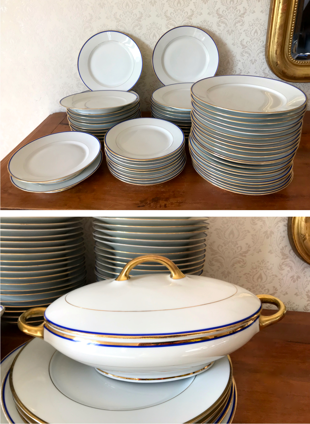 table service art deco limoges porcelain white border blue and gold 61 pieces signed