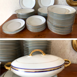 table service art deco limoges porcelain white border blue and gold 61 pieces signed