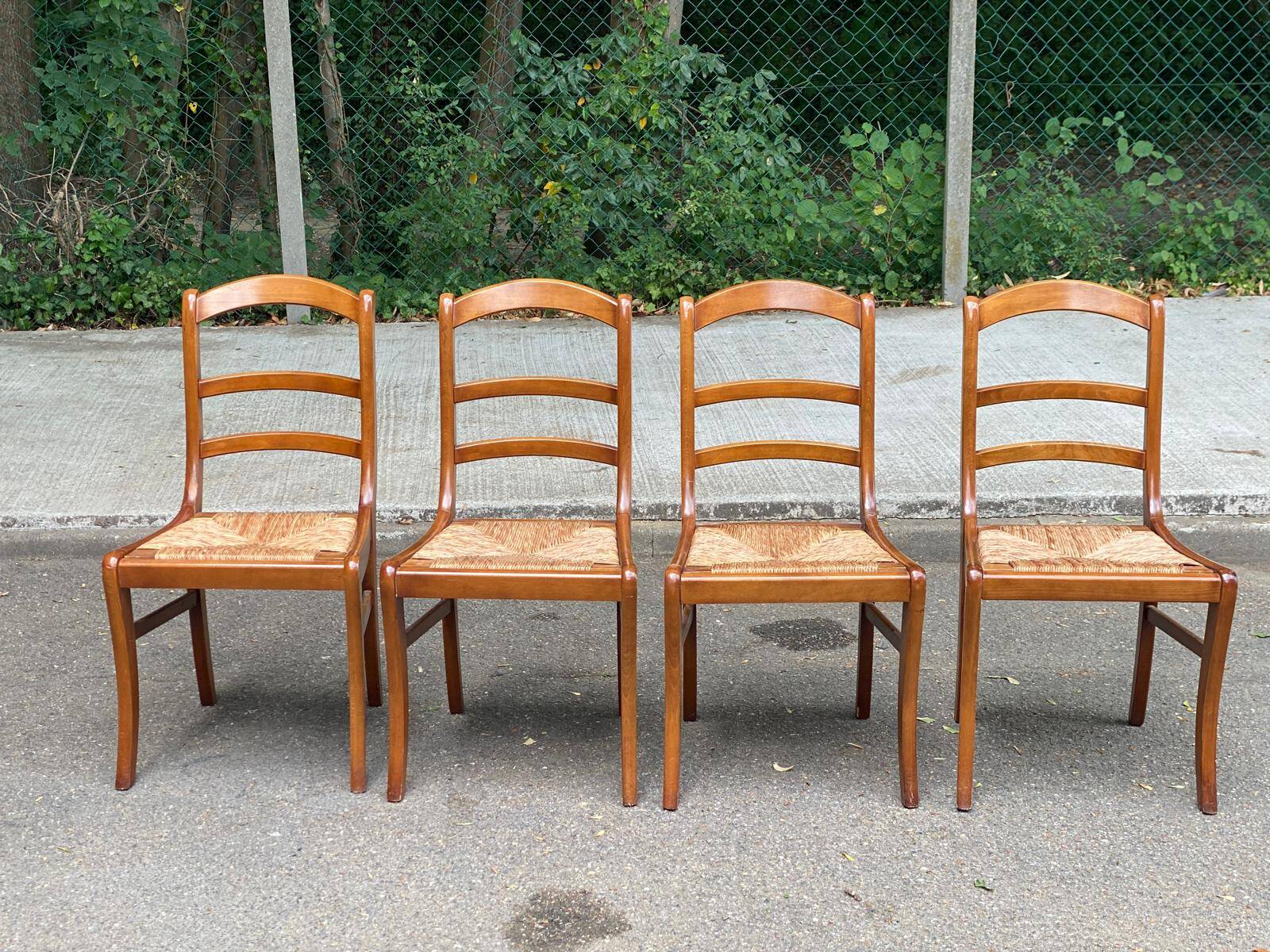 4 chaises de à manger en bois massif paillées dossier échelle 1970