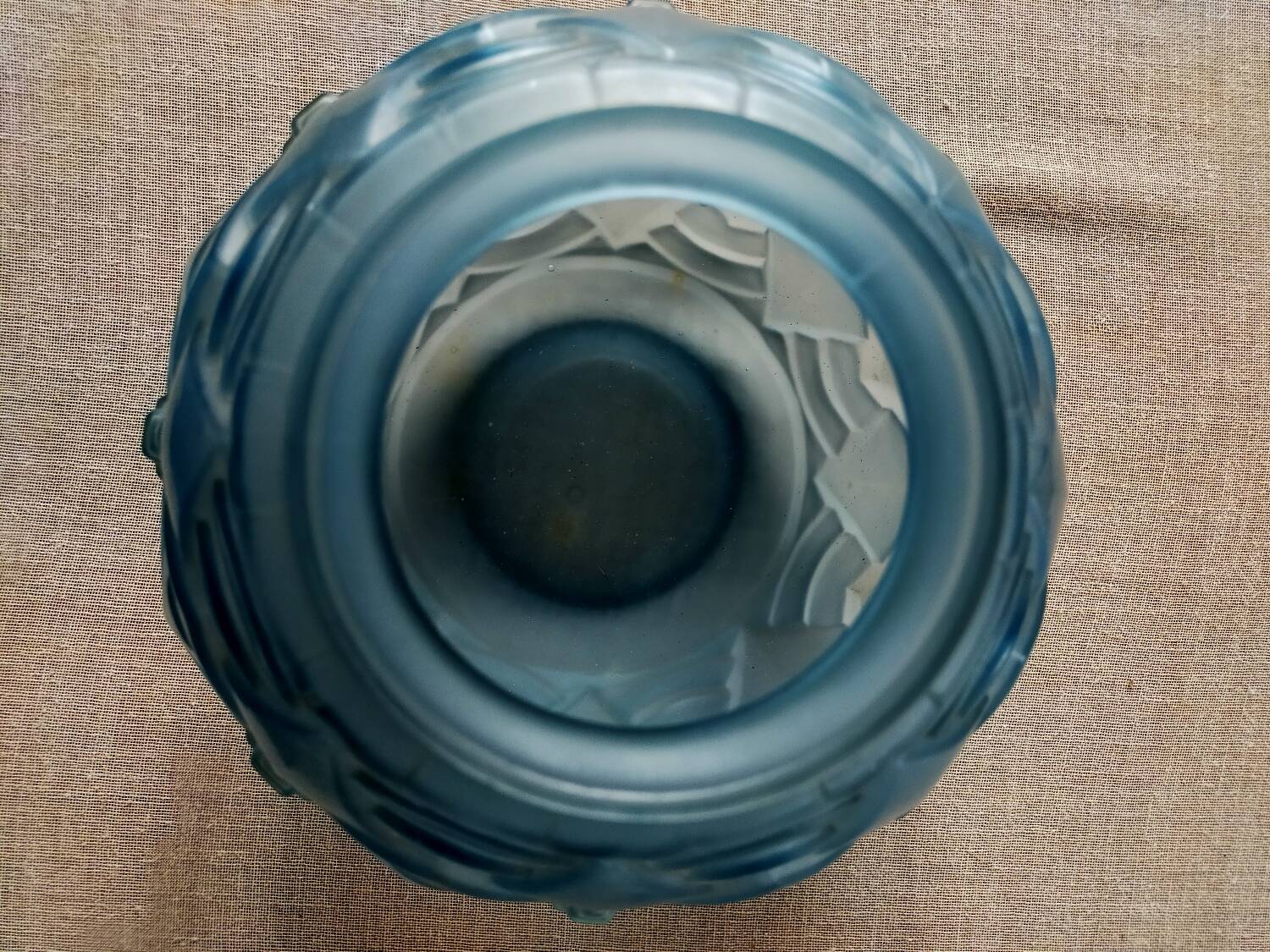 Art Deco ball vase frosted blue glass