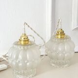 Duo of frosted bubble glass portable lamps