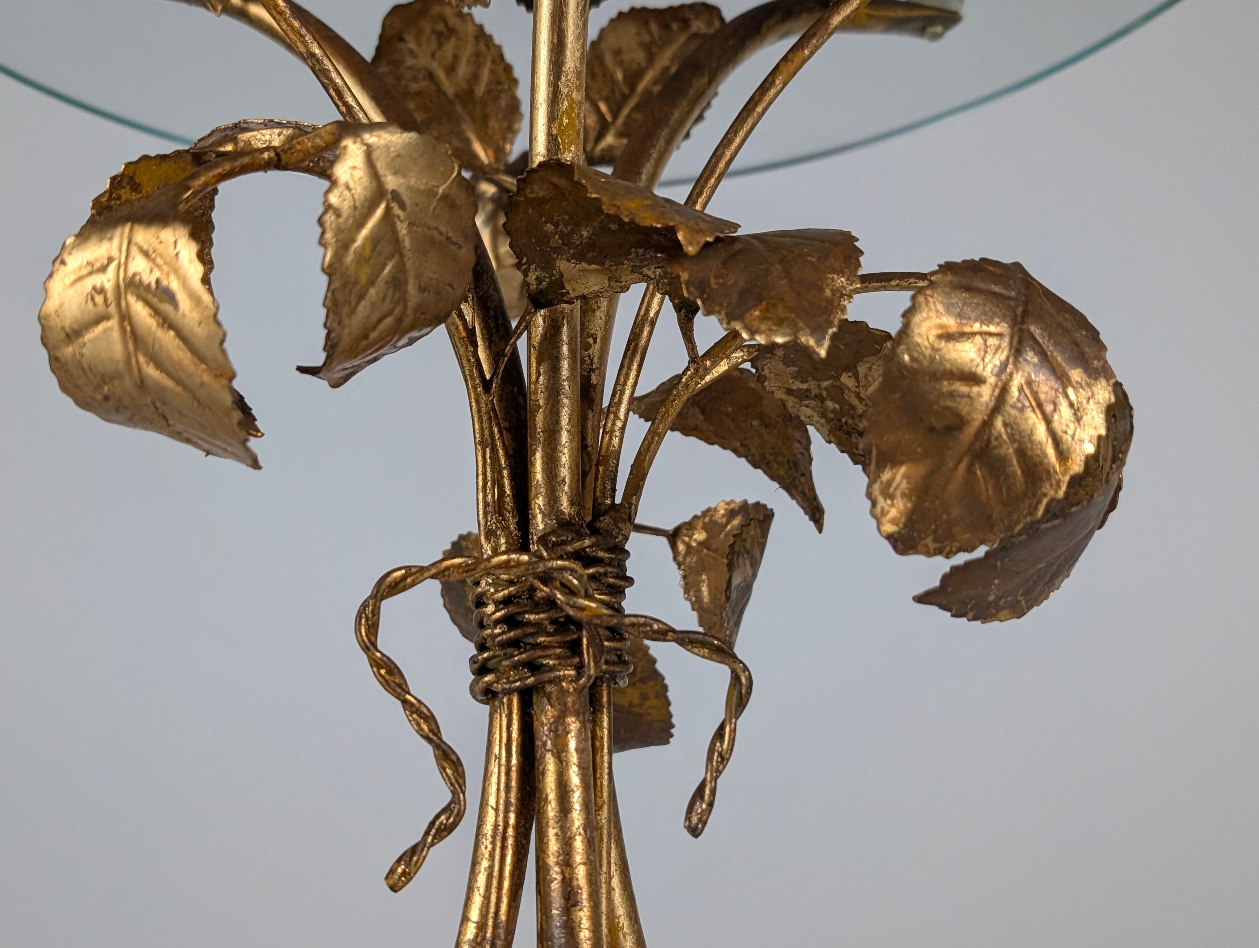 Mid-century side table in gilded metal with roses and glass top, 1970s