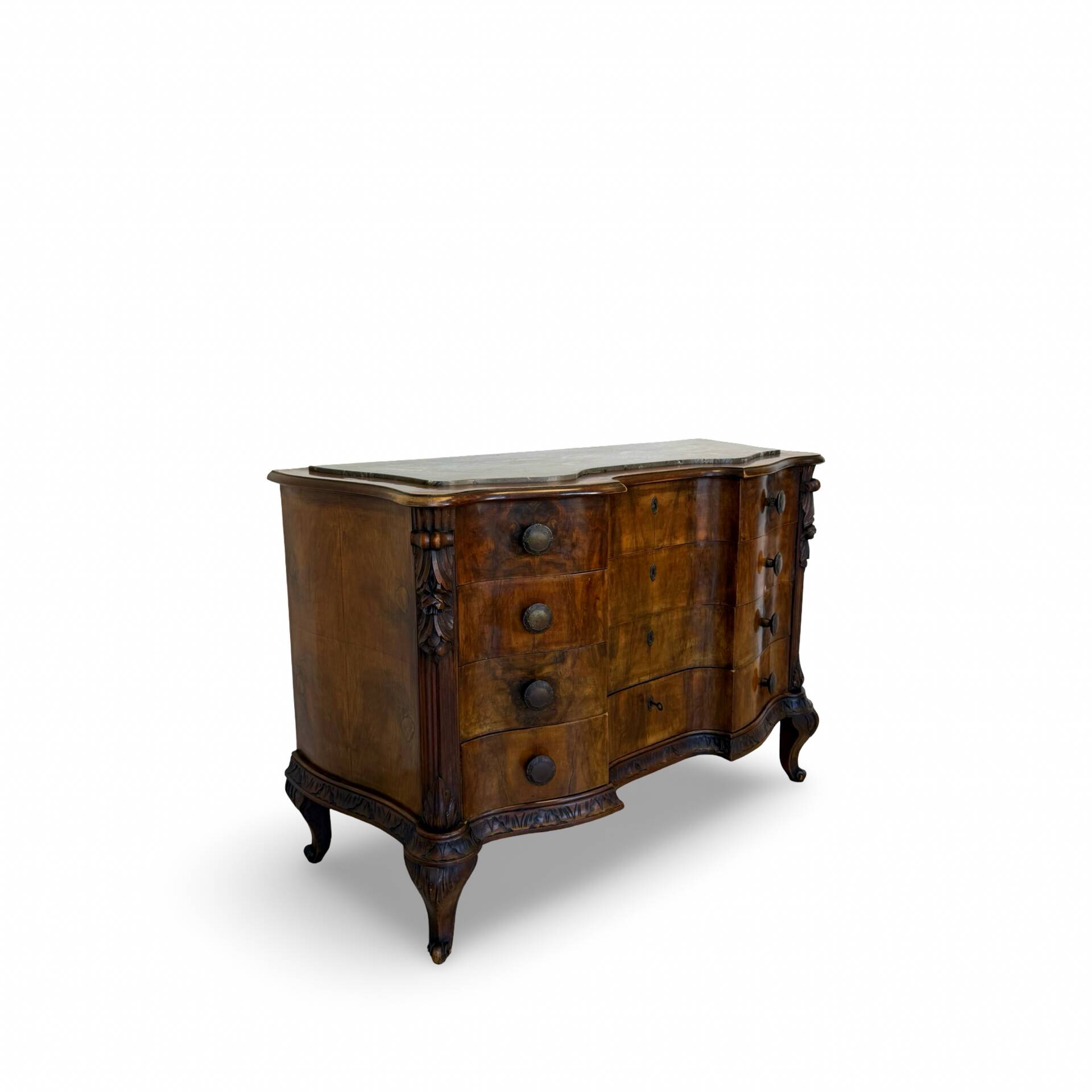 serpentine commode in antique walnut