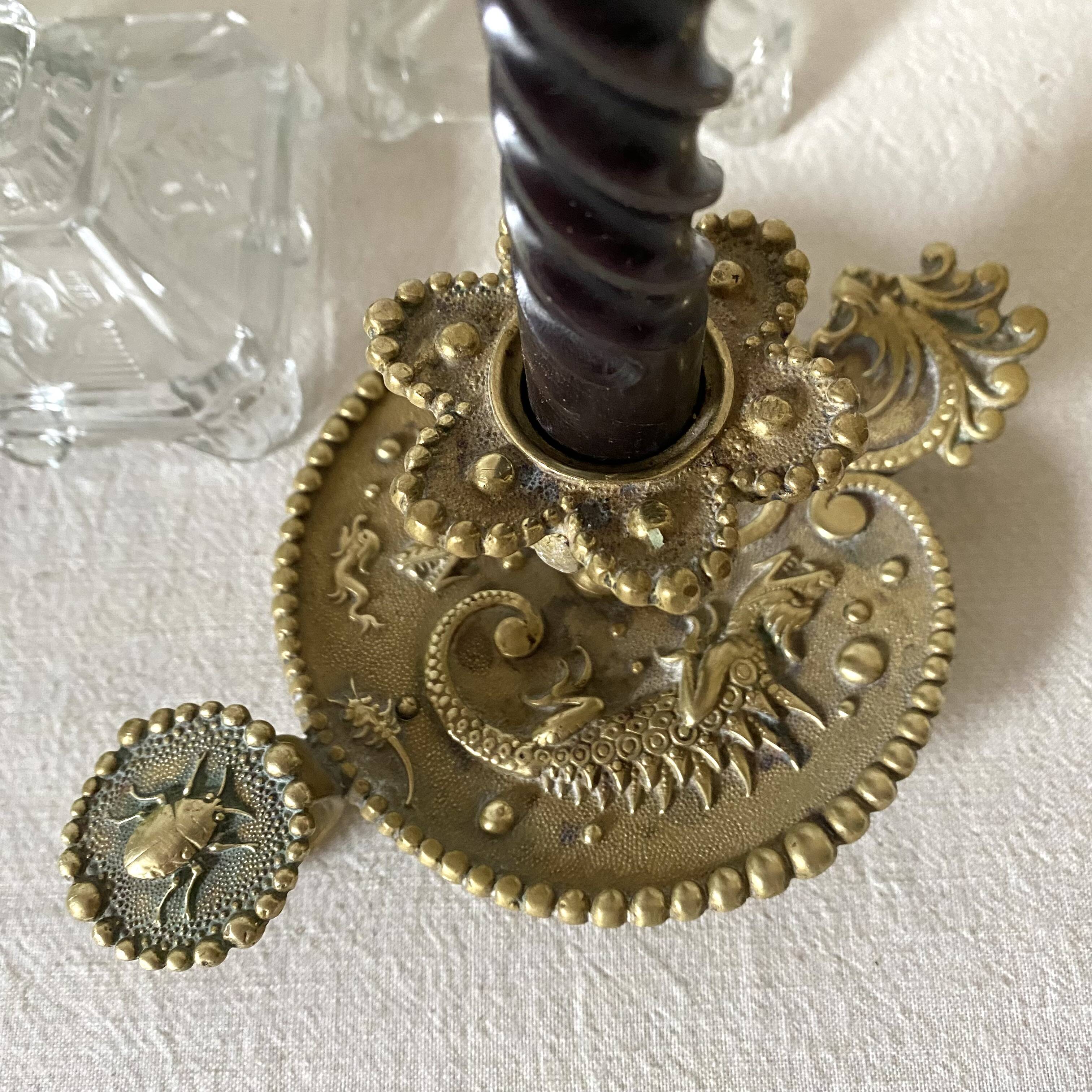 Brass thumb candle holder, scarab