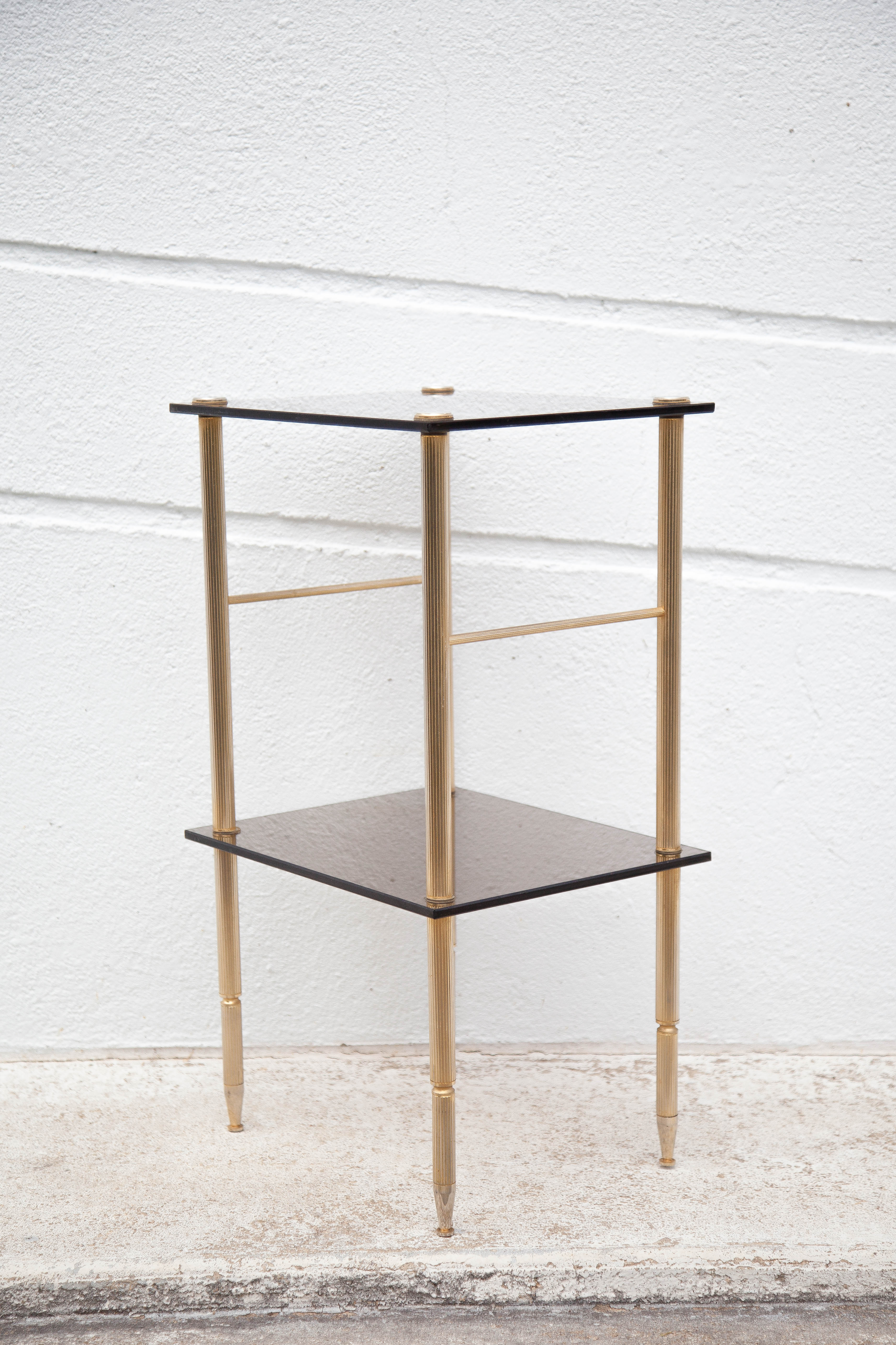 Vintage brass and smoked glass side table, pedestal table, bedside table, end table