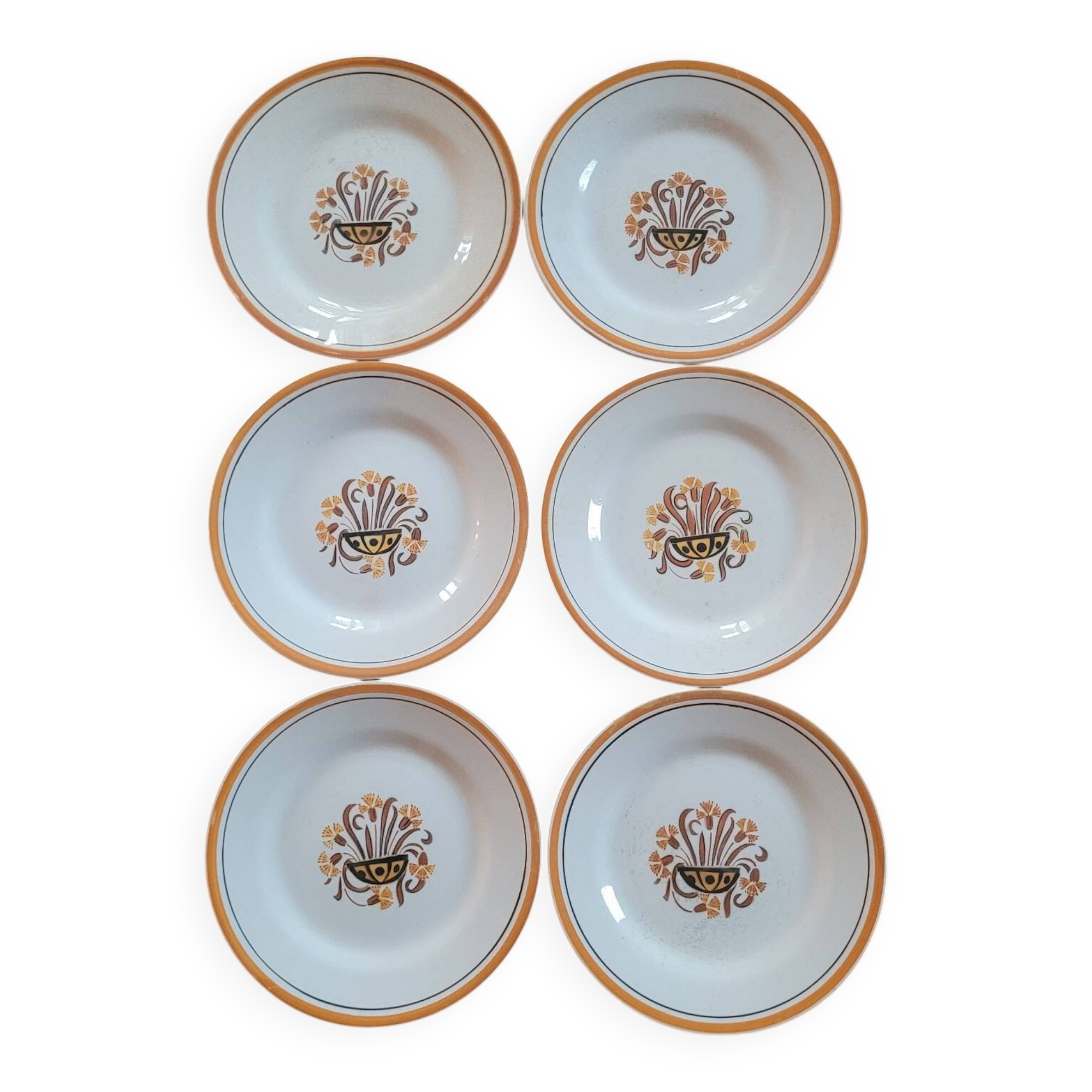 6 assiettes à dessert faïence de Montereau - Décor floral, circa 1950-