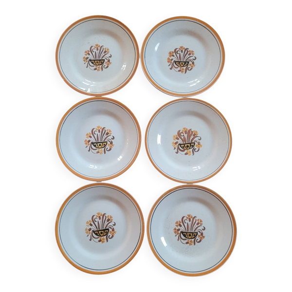 6 assiettes à dessert faïence de Montereau - Décor floral, circa 1950-