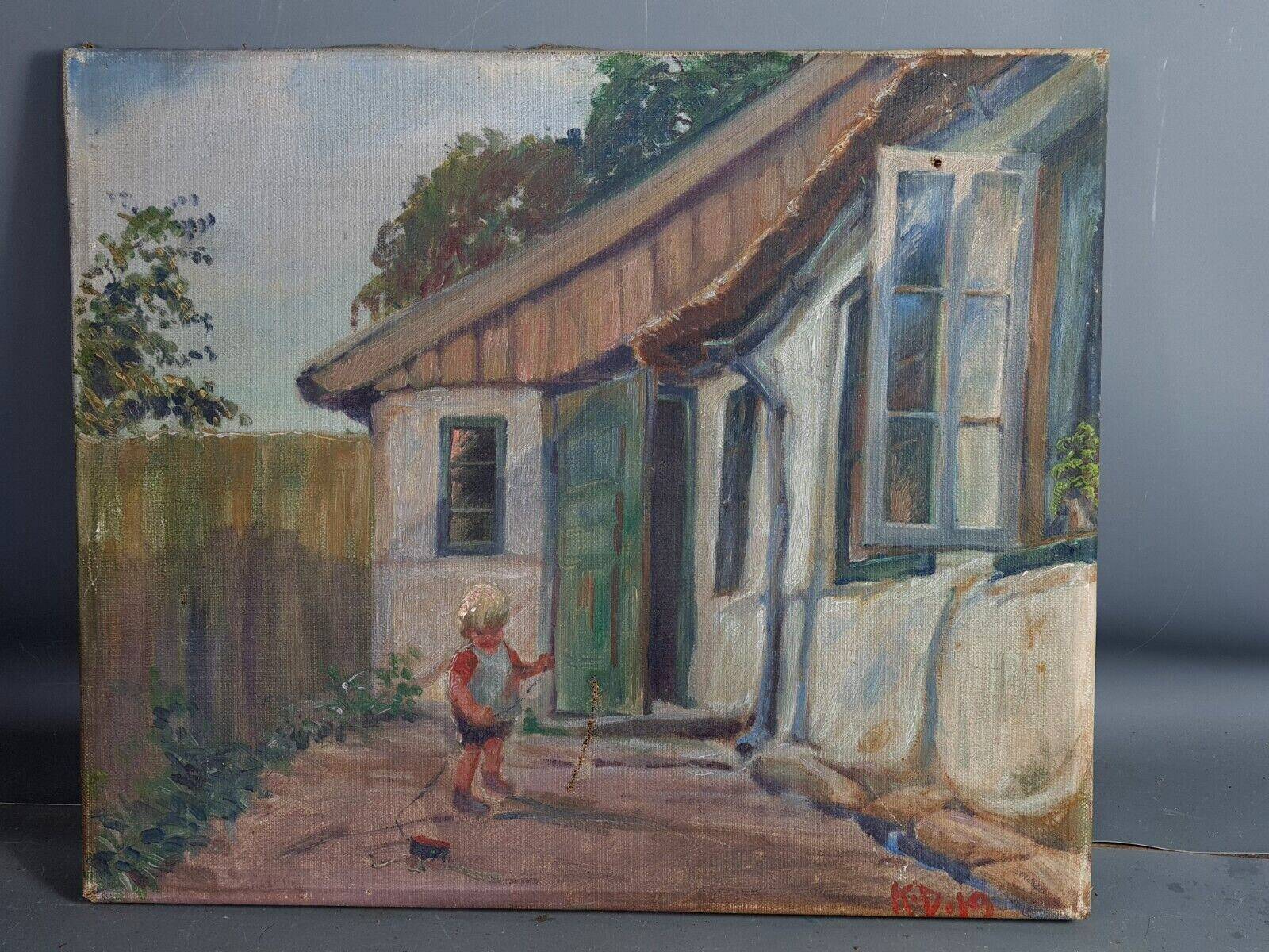 Old oil on canvas: Child playing in a courtyard, dated 1919 39x32.5 cm SB