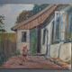 Old oil on canvas: Child playing in a courtyard, dated 1919 39x32.5 cm SB