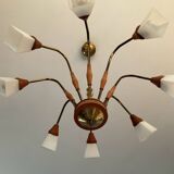 Scandinavian chandelier from the 60s in teak and opaline
