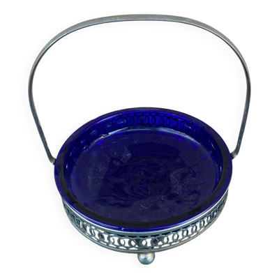 Panier de table vintage en verre bleu cobalt et monture en métal argen