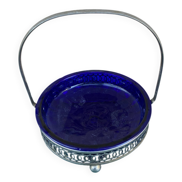 Panier de table vintage en verre bleu cobalt et monture en métal argen