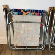 Pair of vintage camping chairs floral and wood fabrics 70s