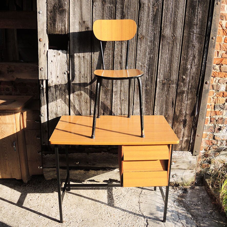 Vintage formica and metal desk with matching chair.
