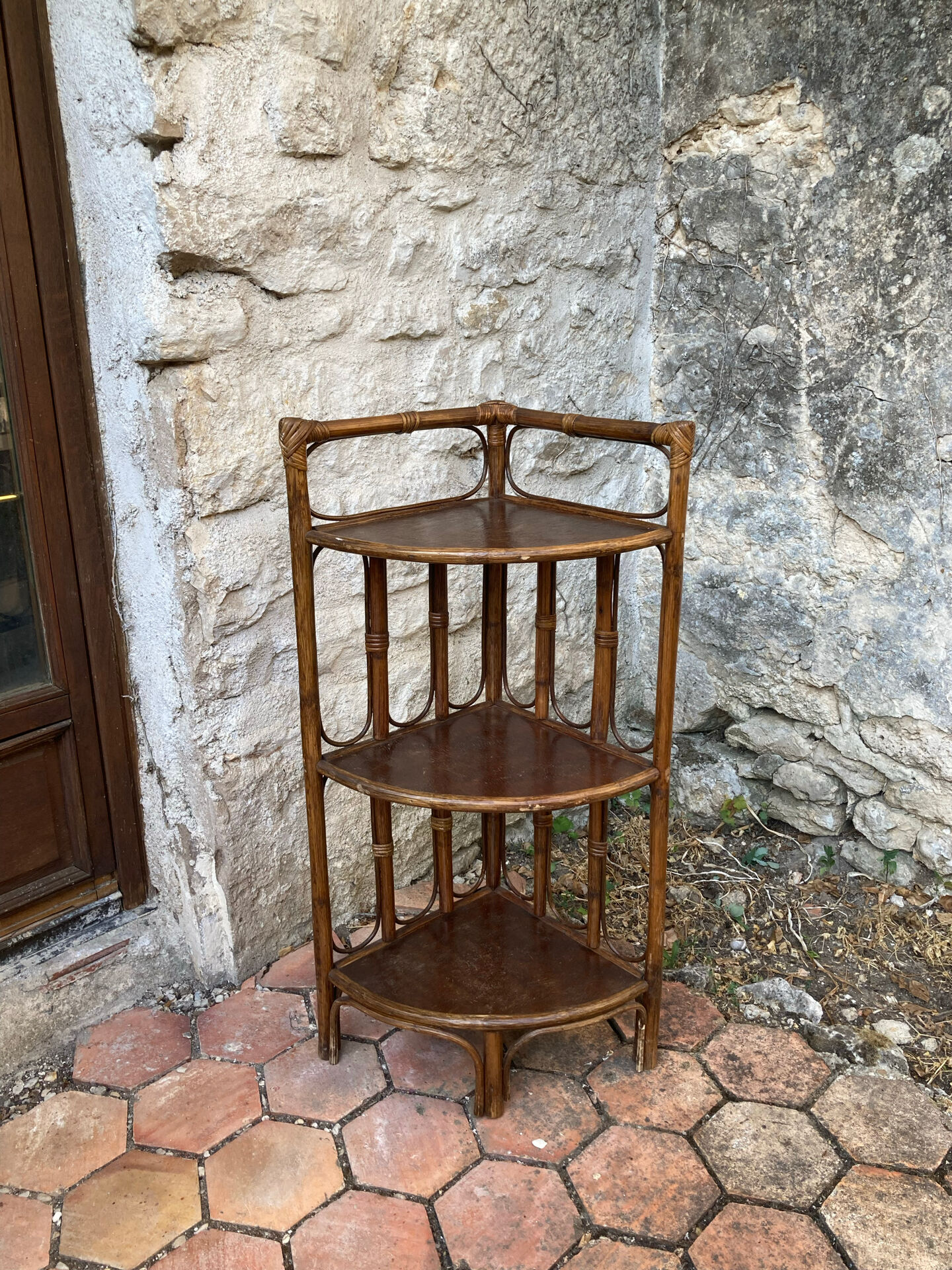 Vintage rattan corner shelf