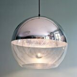 Pair of large Space Age pendant lights in clear glass and chrome, 1970s