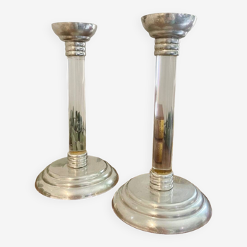 Pair of lucite and metal candlesticks