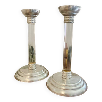 Pair of lucite and metal candlesticks