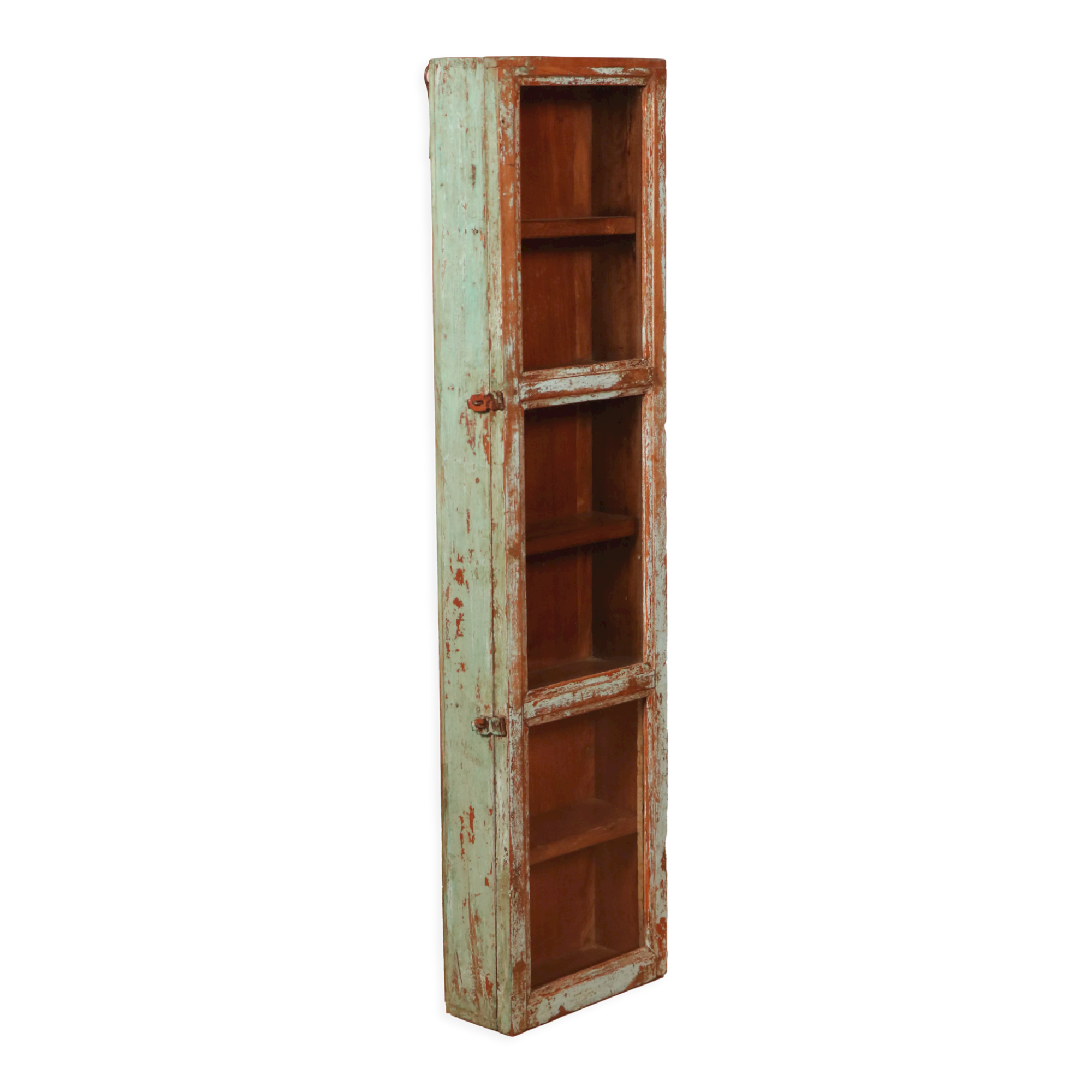 Old original Burmese teak wall display case with green patina